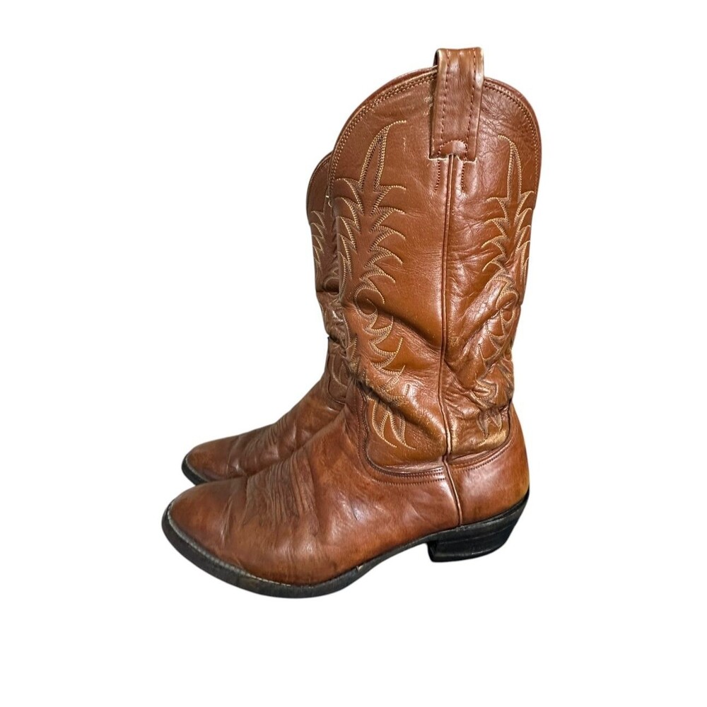 Vintage 80's Nocona Cowboy Boots Cognac Brown Leather Western Stitching Sz 10 B